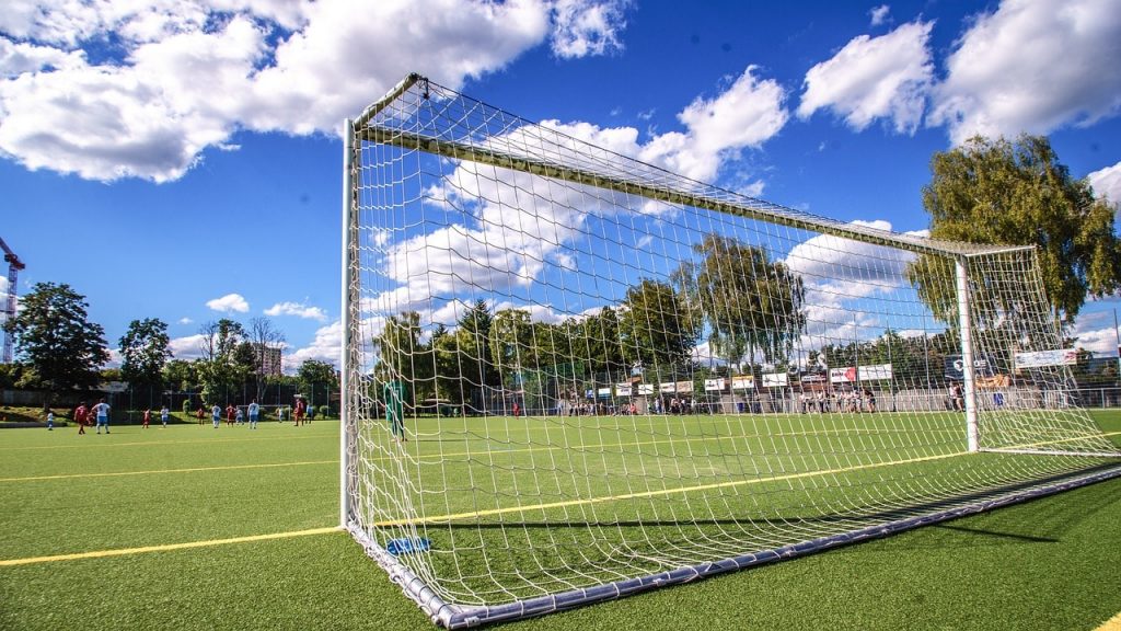 A goal on an artificial soccer pitch.