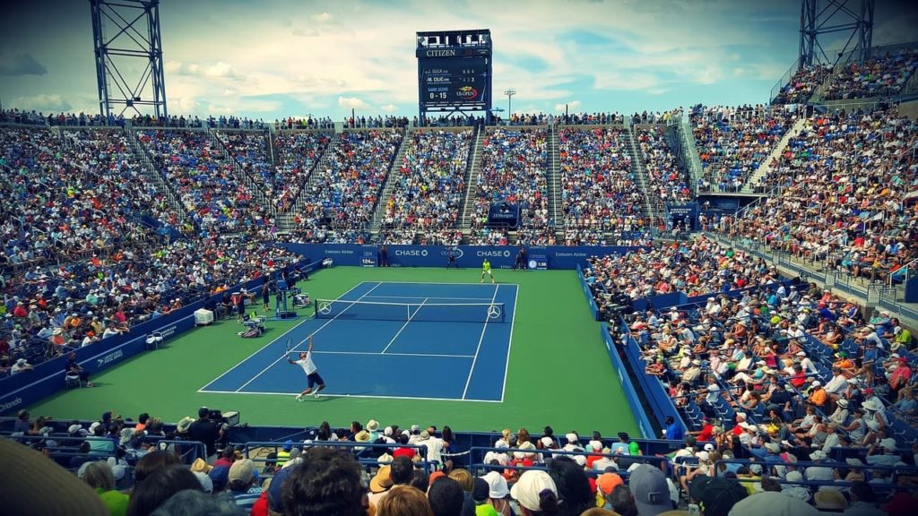 Hard court tennis court.