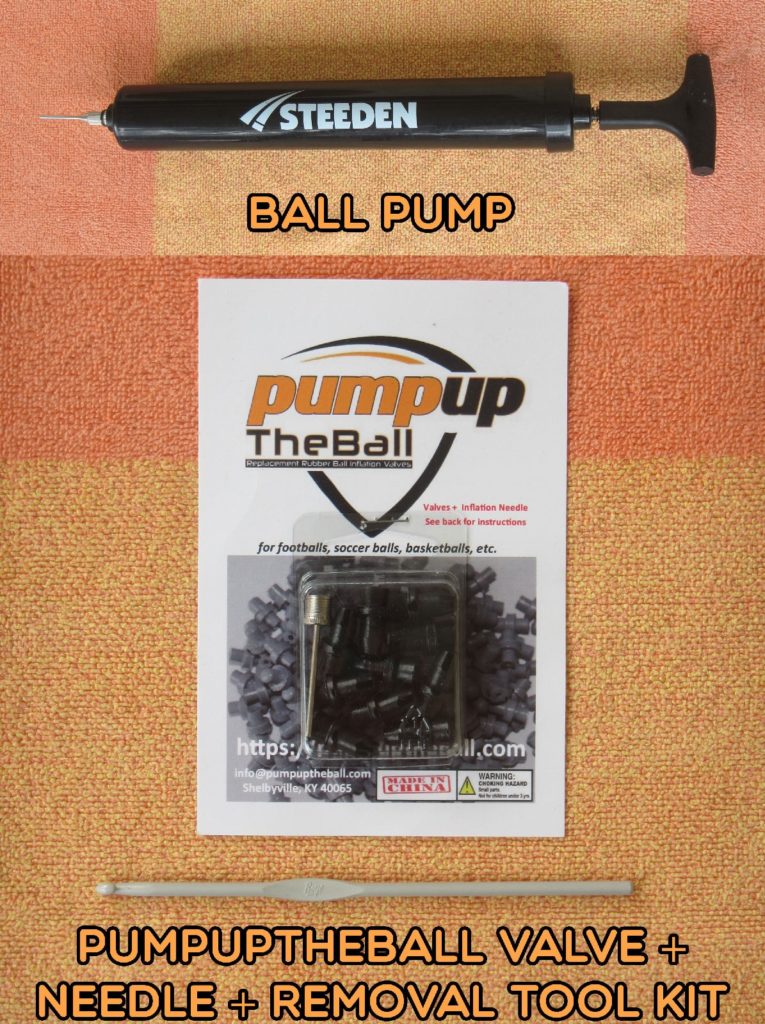Items needed to replace the valve on a soccer ball.