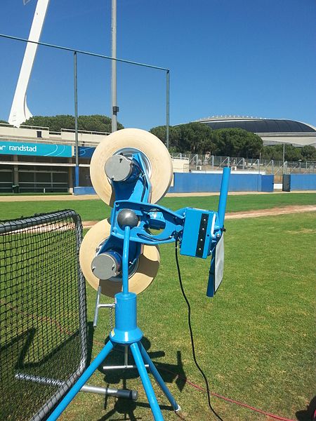 A baseball pitching machine.